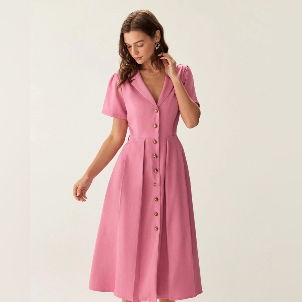 Rihoas Rose Red V-Neck Button Midi Dress